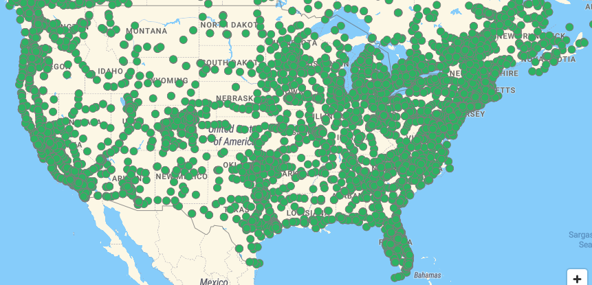 A map of the united states with green dots

Description automatically generated
