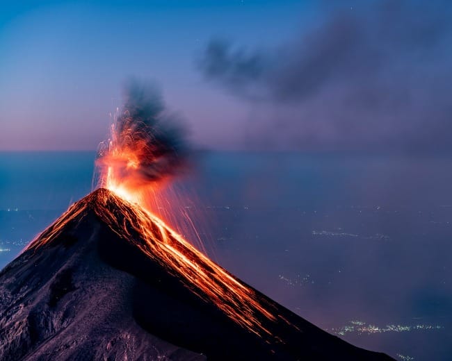 Eruption over Volcan de Fuego at sunrise seen from Acatenango